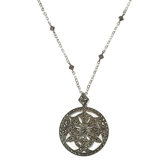 Large Marcasite Medallion Silver Necklace